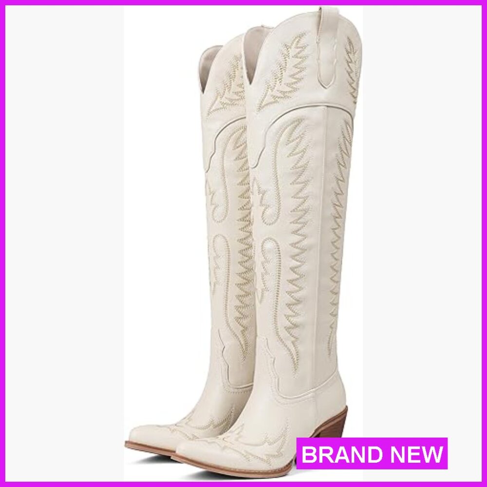 Over The Knee Cowboy Boots Chunky Heel Slip On Zipper Square Toe Western Fashion - Picture 1 of 7